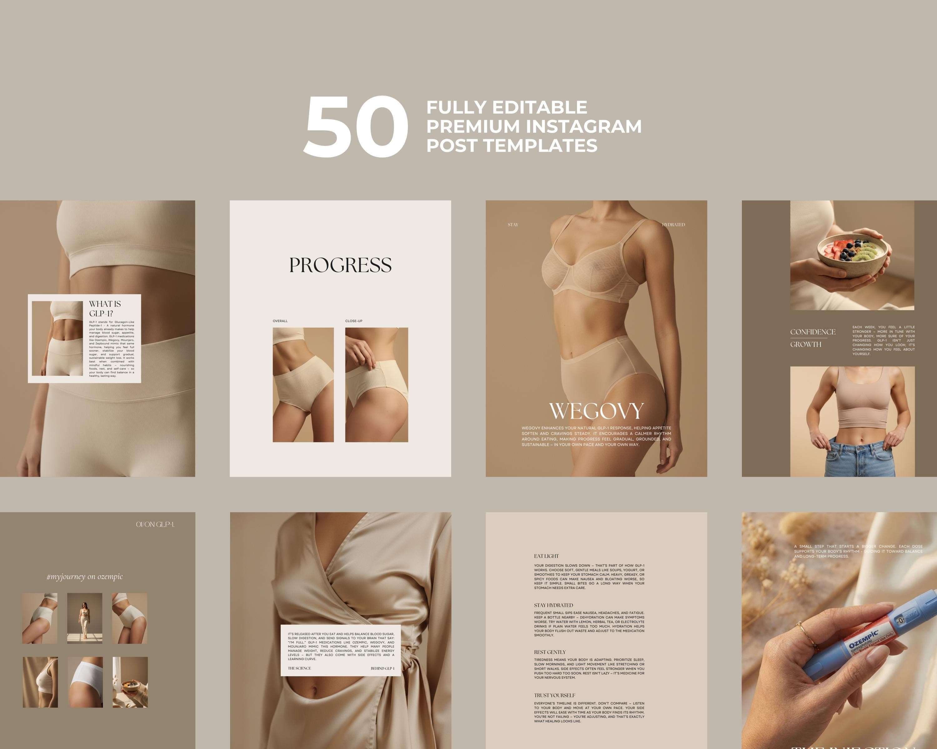 Instagram Posts GLP-1 | 50 Beige Aesthetic Templates |  Medspa Editable Canva Designs
