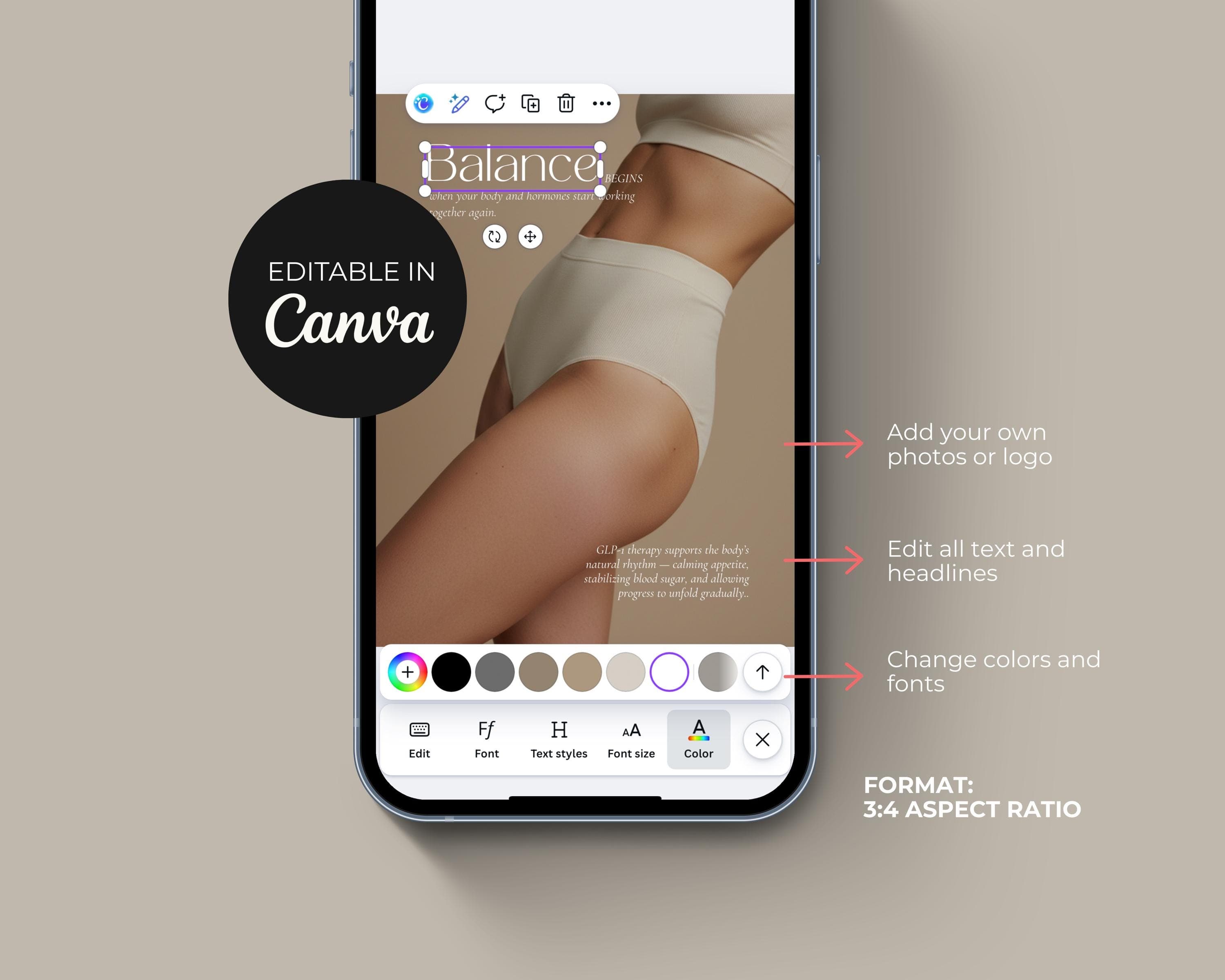 Instagram Posts GLP-1 | 50 Beige Aesthetic Templates |  Medspa Editable Canva Designs